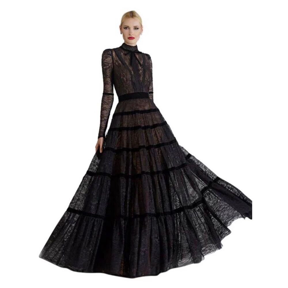 KOS Couture Long Sleeve High Neck Lace Maxi Dress Black Sz 10 NWT